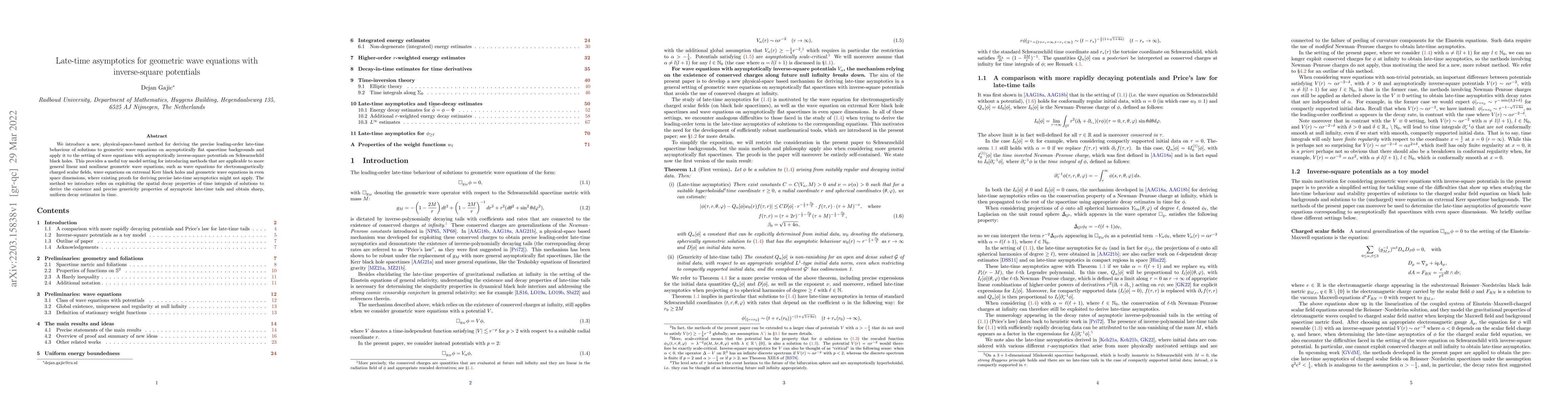 Thumbnail for Late-time asymptotics for geometric wave equations with inverse-square
  potentials
