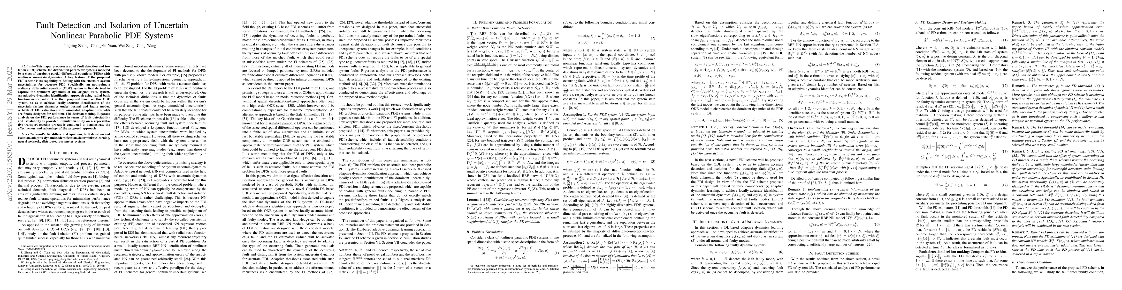 Thumbnail for Fault Detection and Isolation of Uncertain Nonlinear Parabolic PDE
  Systems