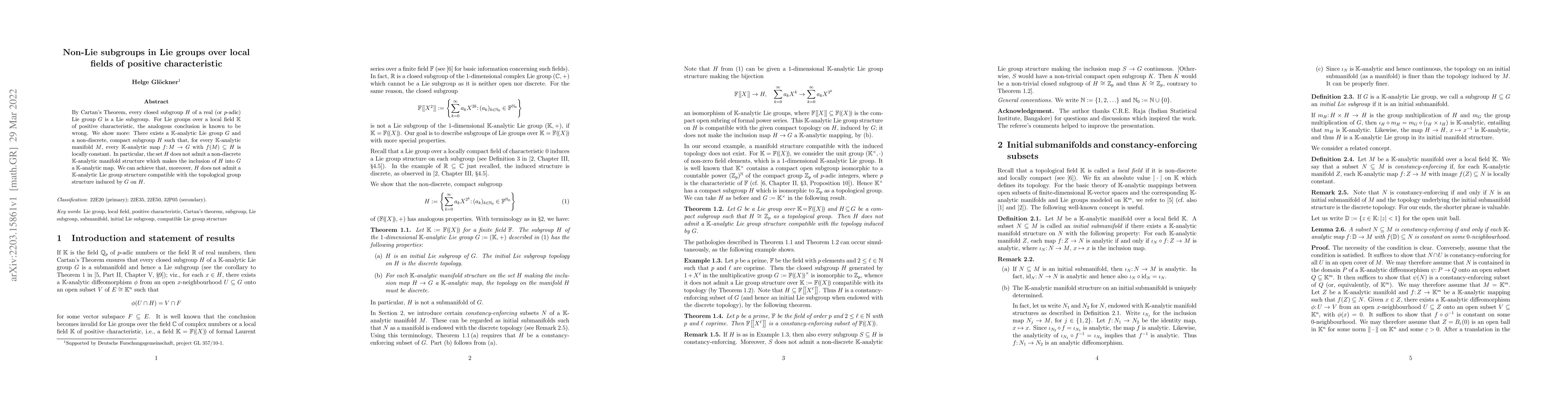 Thumbnail for Non-Lie subgroups in Lie groups over local fields of positive
  characteristic