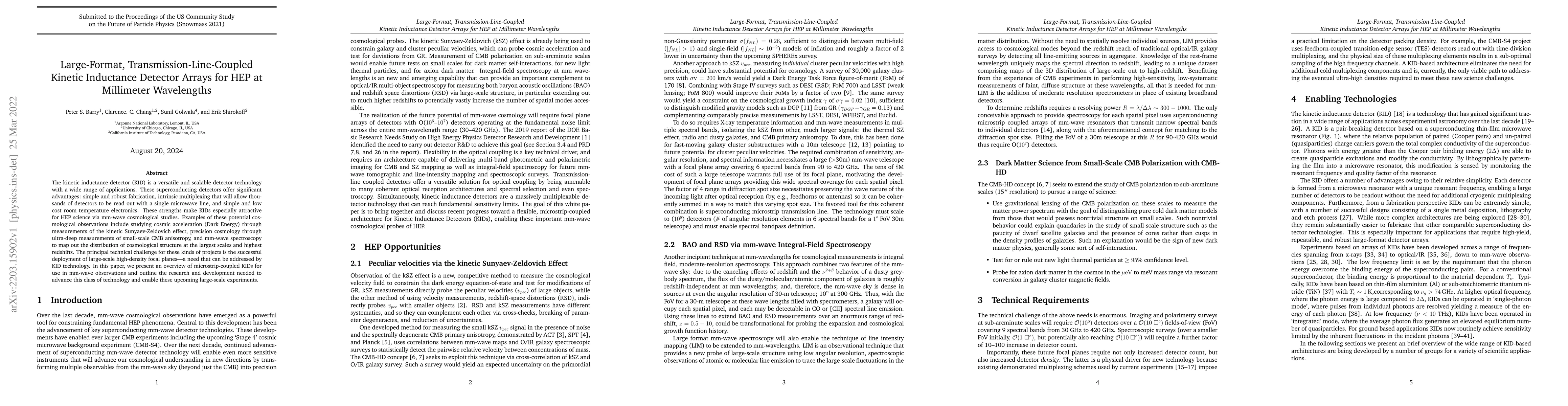 Thumbnail for Large-Format, Transmission-Line-Coupled Kinetic Inductance Detector
  Arrays for HEP at Millimeter Wavelengths