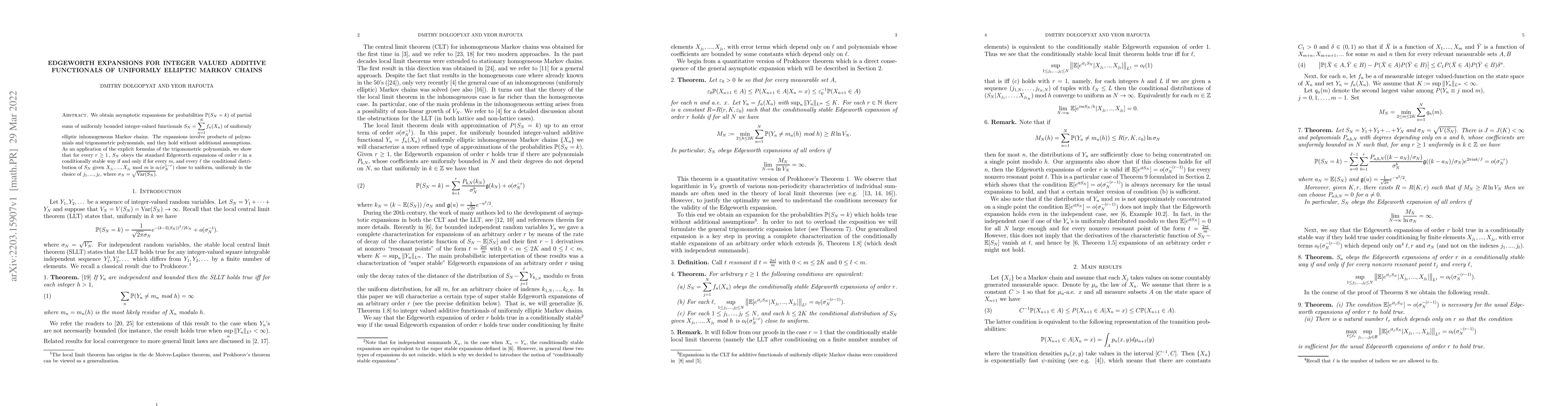 Thumbnail for Edgeworth expansions for integer valued additive functionals of
  uniformly elliptic Markov chains