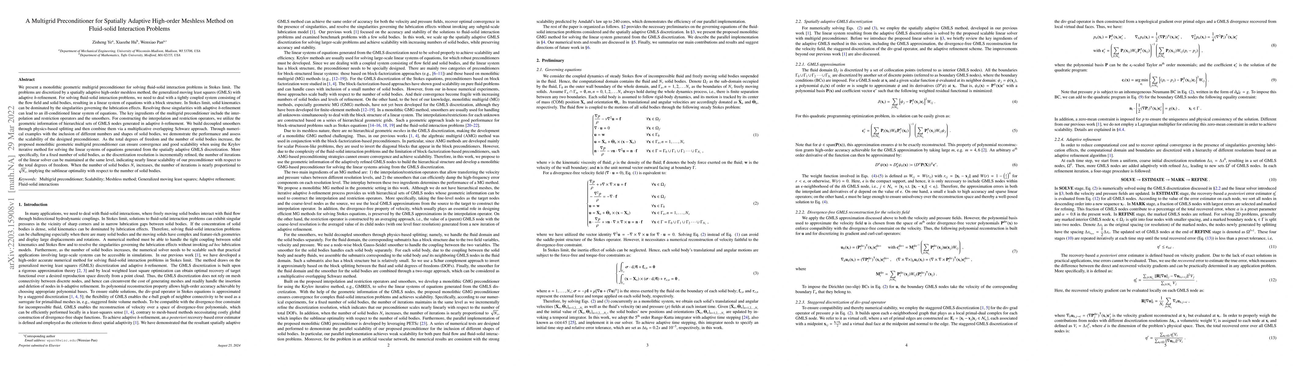 Thumbnail for A Multigrid Preconditioner for Spatially Adaptive High-order Meshless
  Method on Fluid-solid Interaction Problems