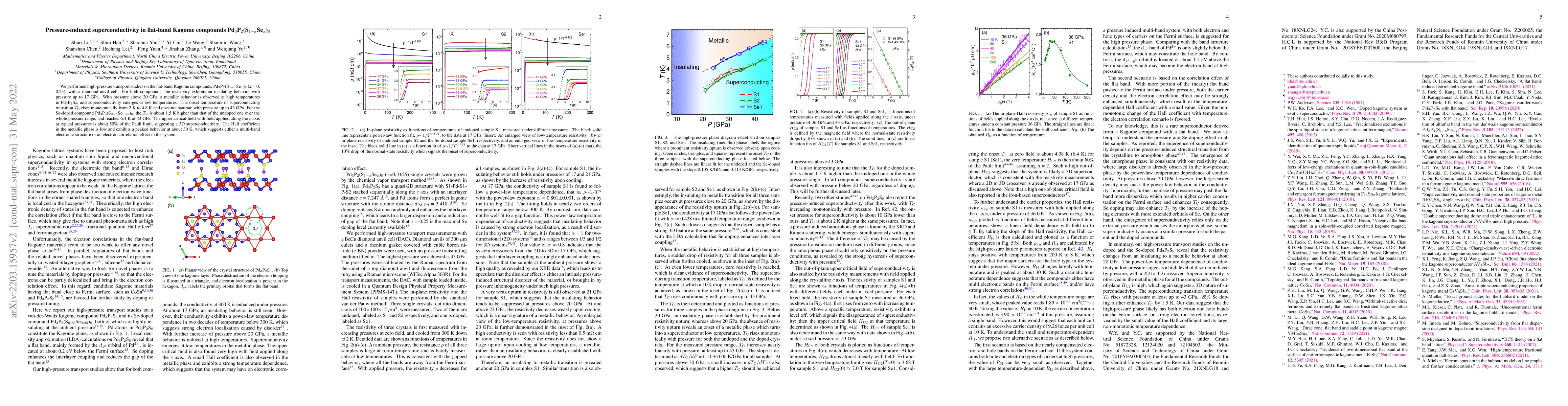 Thumbnail for Pressure-induced superconductivity in flat-band Kagome compounds
  Pd$_3$P$_2$(S$_{1-x}$Se$_x$)$_8$