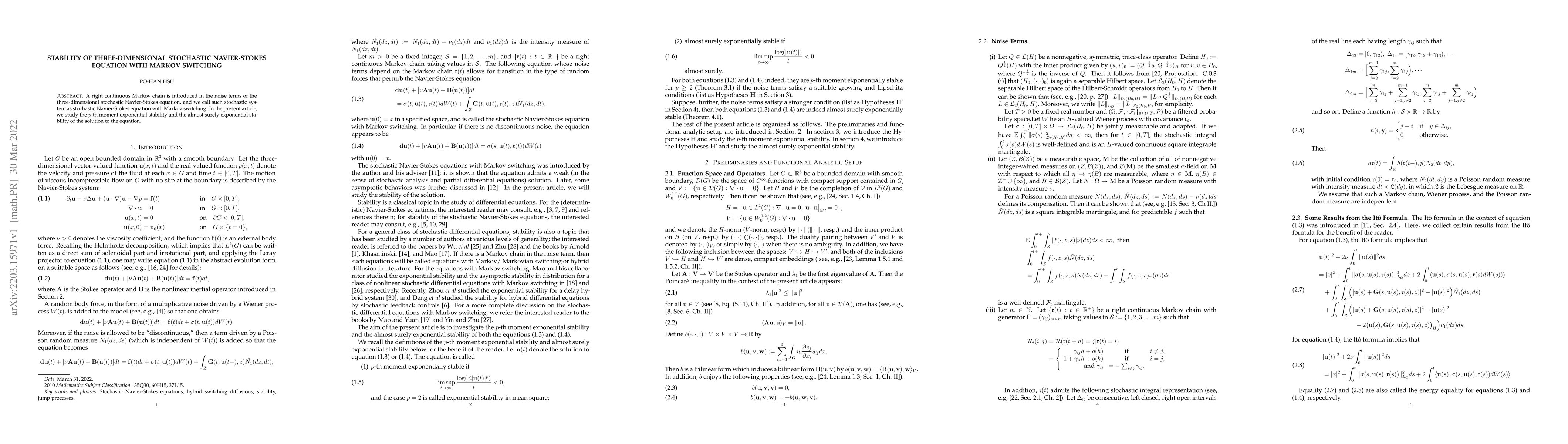 Thumbnail for Stability of three-dimensional stochastic Navier-Stokes equation with
  Markov switching