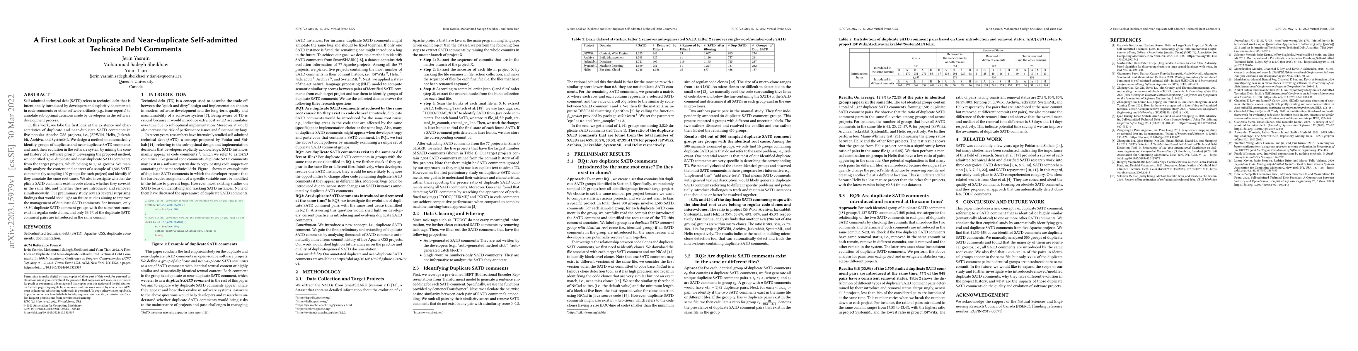 Thumbnail for A First Look at Duplicate and Near-duplicate Self-admitted Technical
  Debt Comments