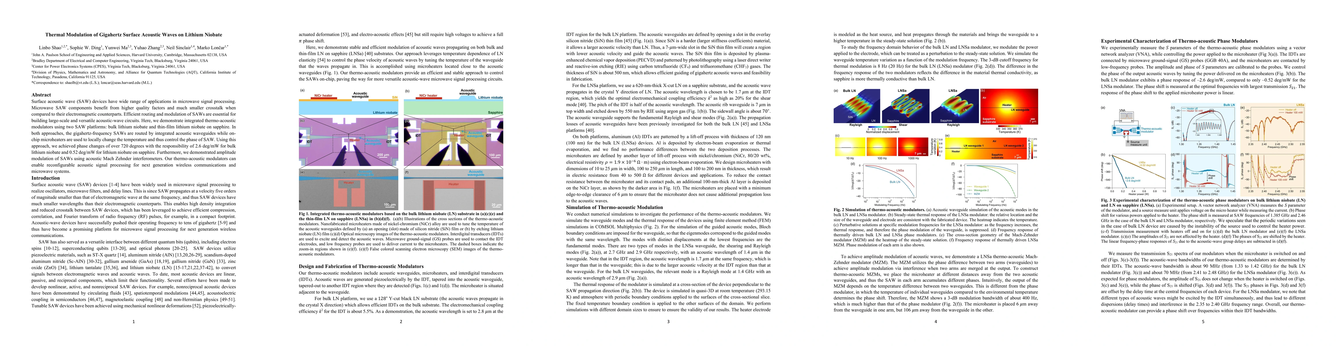 Thumbnail for Thermal Modulation of Gigahertz Surface Acoustic Waves on Lithium
  Niobate