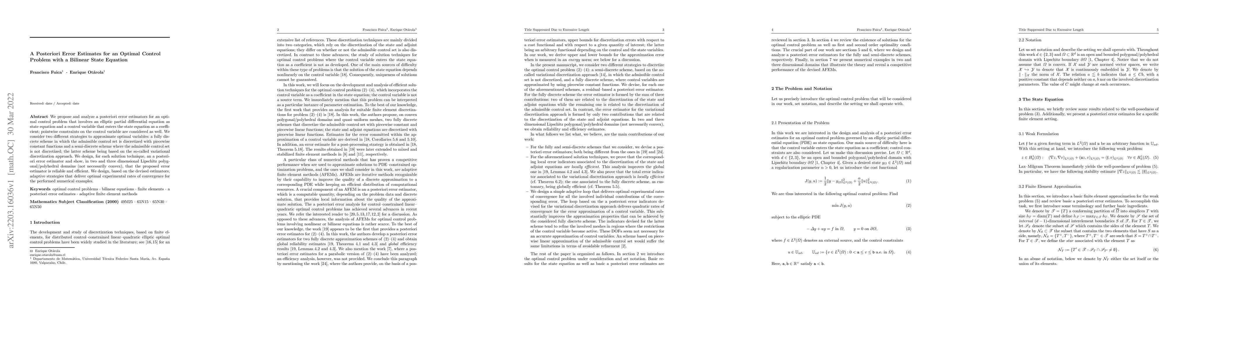 Thumbnail for A posteriori error estimates for an optimal control problem with a
  bilinear state equation