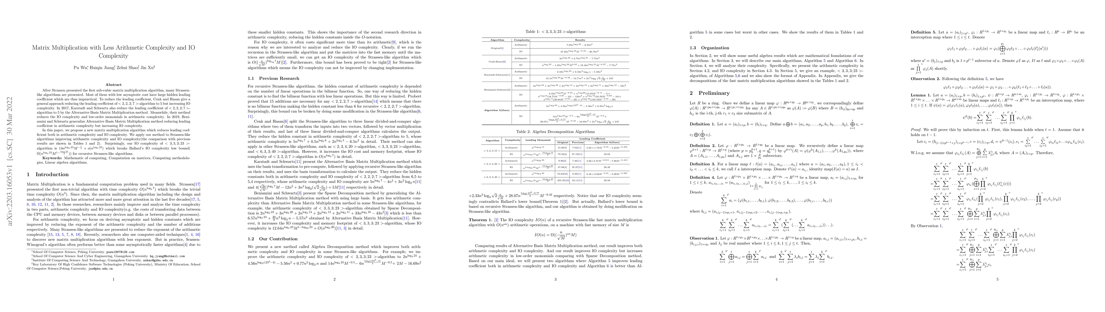 Thumbnail for Matrix Multiplication with Less Arithmetic Complexity and IO Complexity