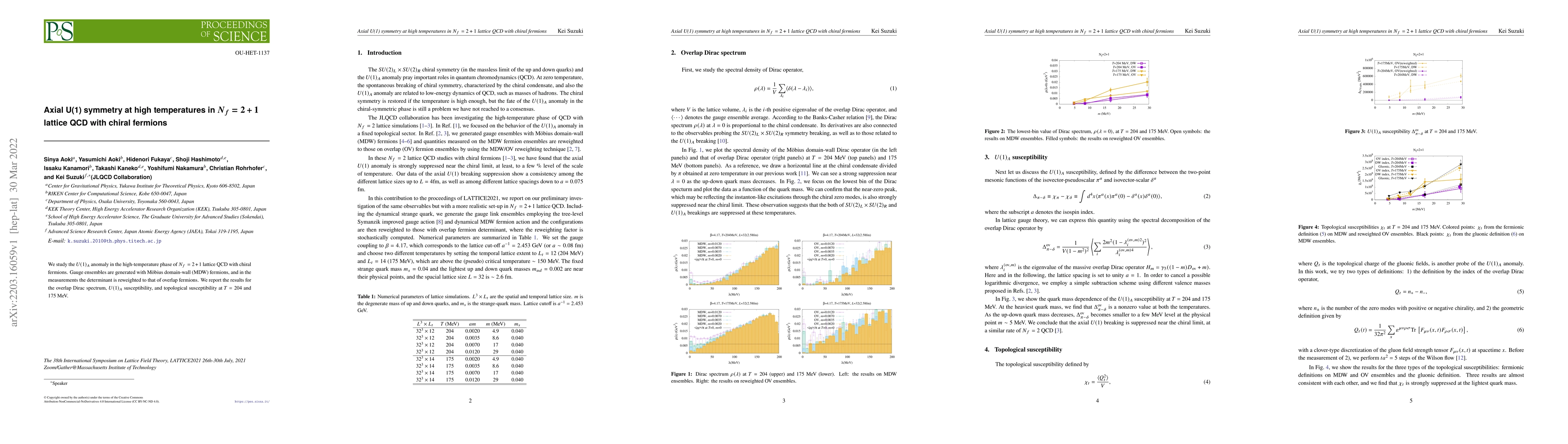 Thumbnail for Axial U(1) symmetry at high temperatures in $N_f=2+1$ lattice QCD with
  chiral fermions