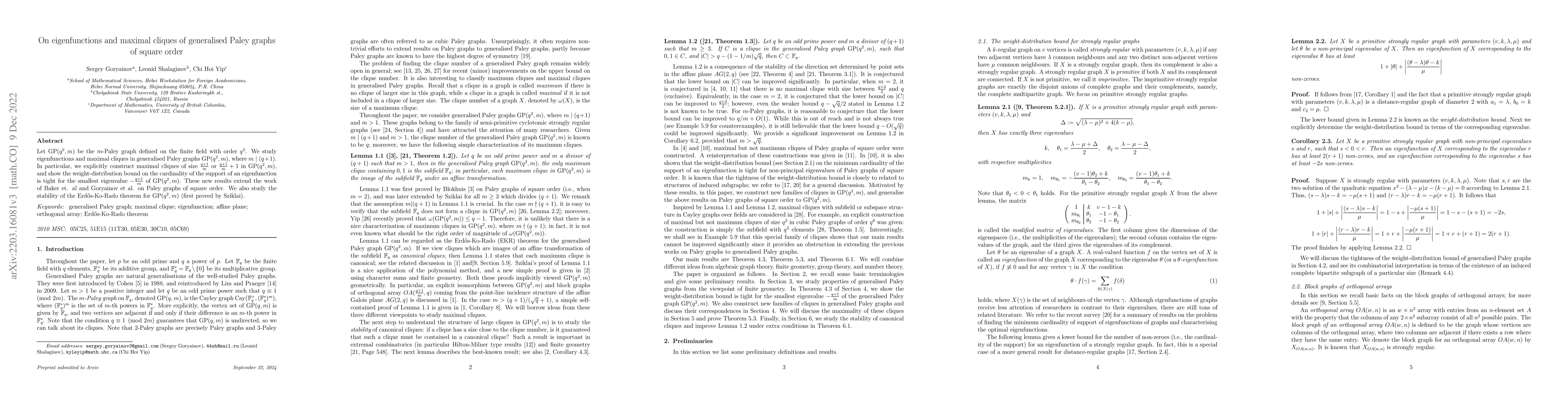 Thumbnail for On eigenfunctions and maximal cliques of generalised Paley graphs of
  square order