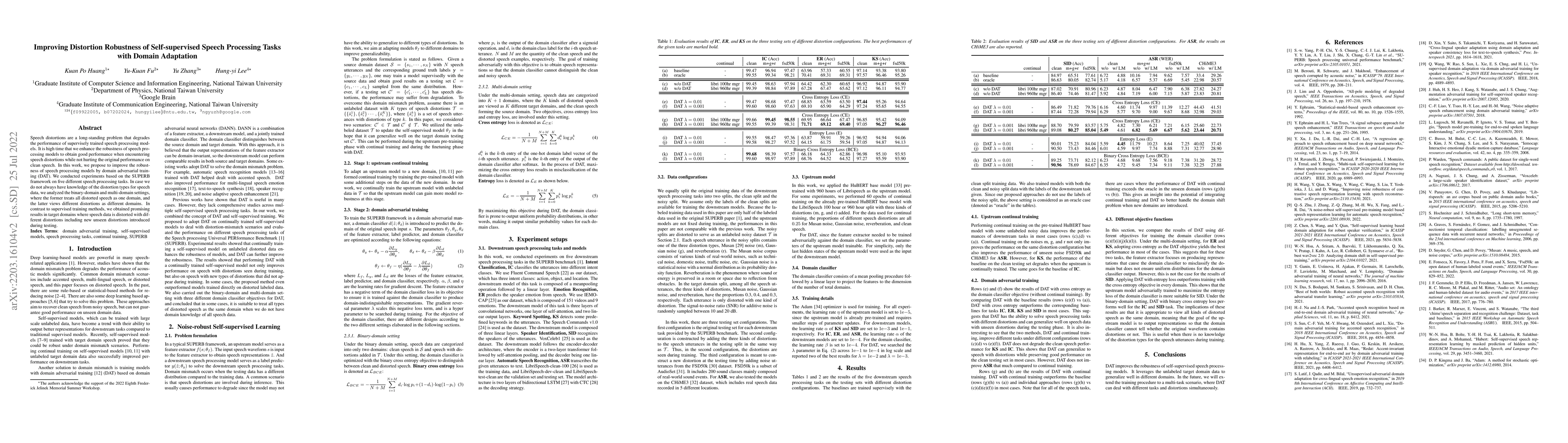 Thumbnail for Improving Distortion Robustness of Self-supervised Speech Processing
  Tasks with Domain Adaptation