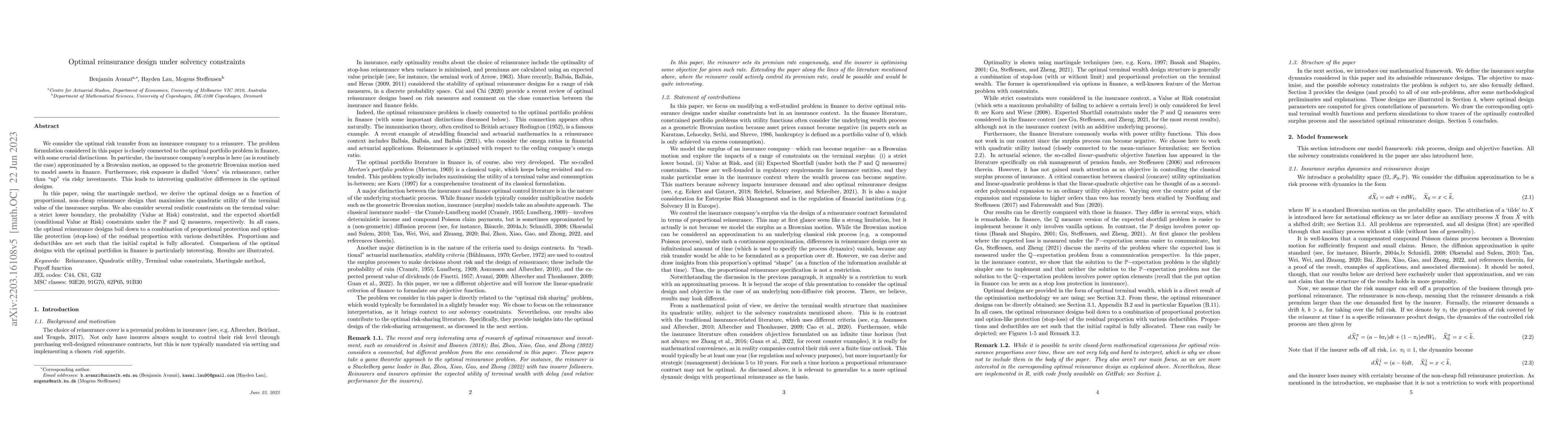 Thumbnail for Optimal reinsurance design under solvency constraints