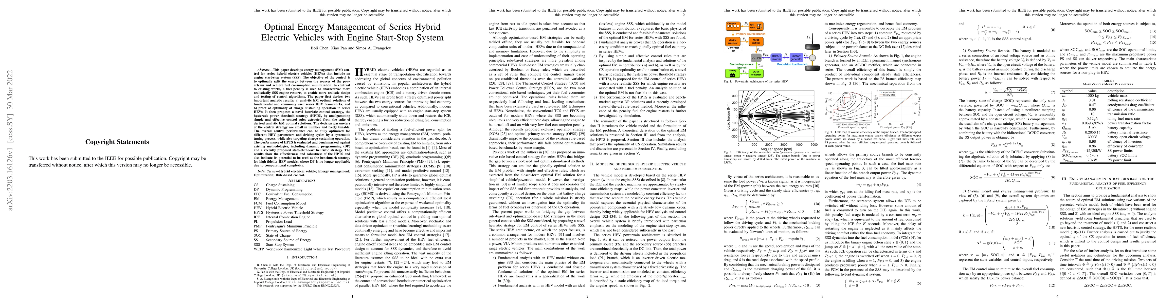 Thumbnail for Optimal Energy Management of Series Hybrid Electric Vehicles with Engine
  Start-Stop System