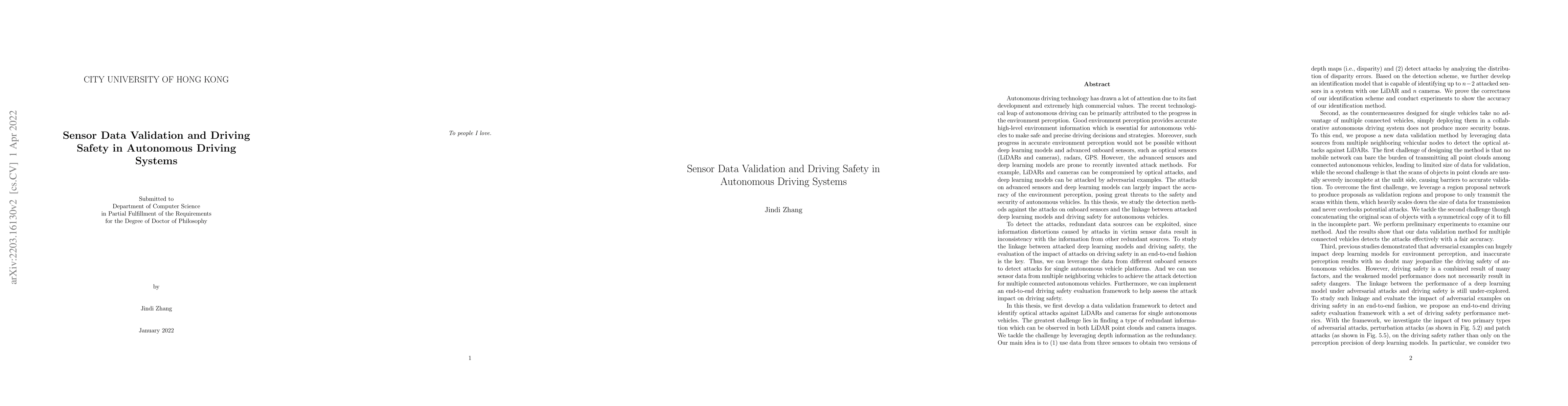 Thumbnail for Sensor Data Validation and Driving Safety in Autonomous Driving Systems
