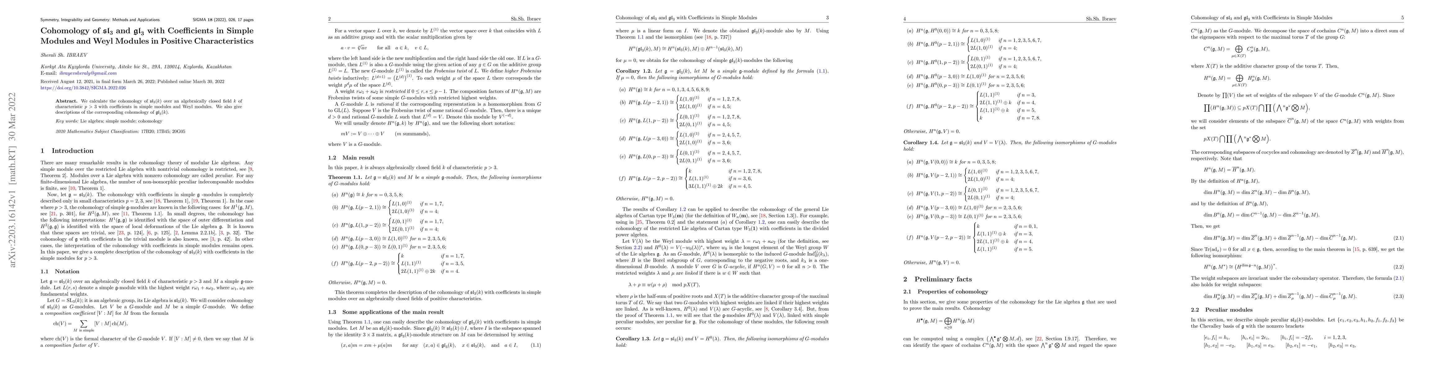 Thumbnail for Cohomology of $\mathfrak{sl}_3$ and $\mathfrak{gl}_3$ with Coefficients
  in Simple Modules and Weyl Modules in Positive Characteristics