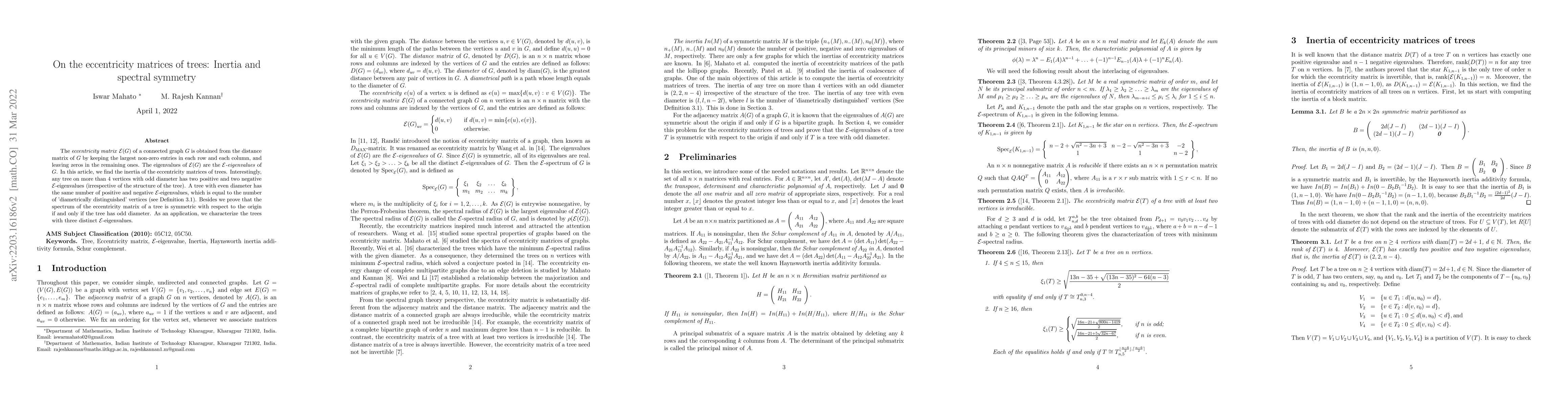 Thumbnail for On the eccentricity matrices of trees: Inertia and spectral symmetry