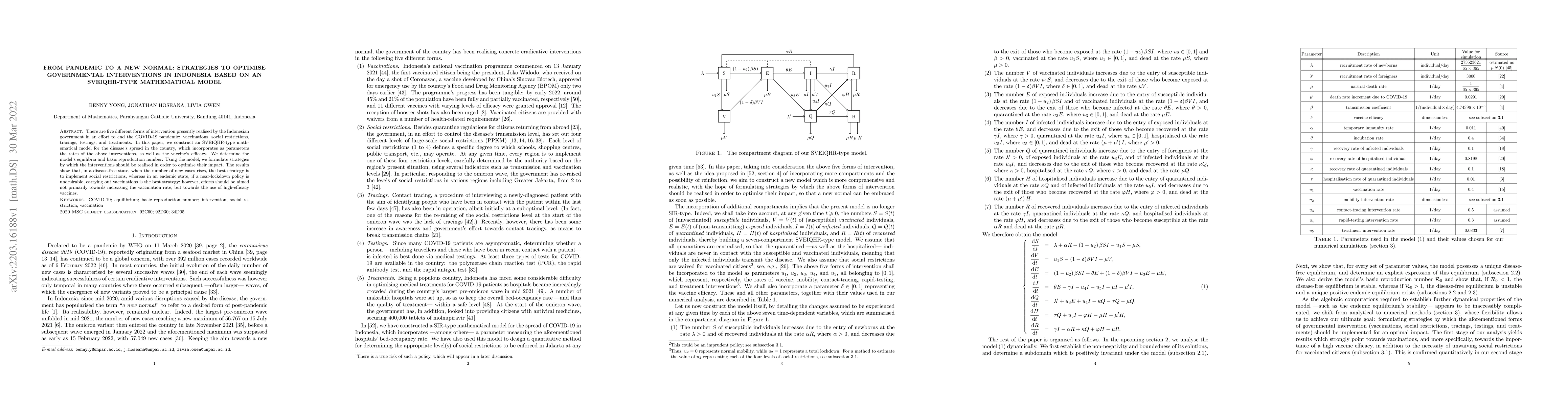 Thumbnail for From Pandemic to a New Normal: Strategies to Optimise Governmental
  Interventions in Indonesia Based on an SVEIQHR-Type Mathematical Model