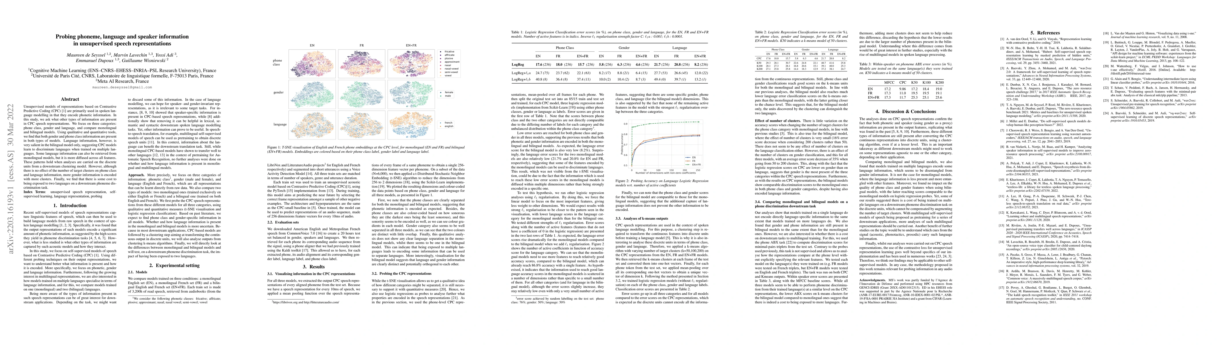 Thumbnail for Probing phoneme, language and speaker information in unsupervised speech
  representations