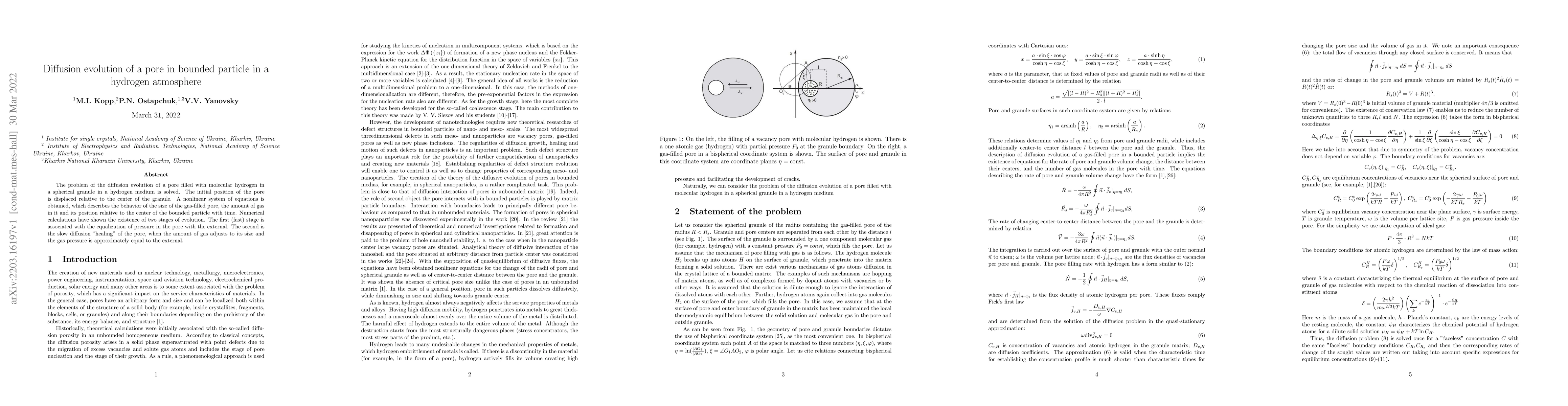 Thumbnail for Diffusion evolution of a pore in bounded particle in a hydrogen
  atmosphere