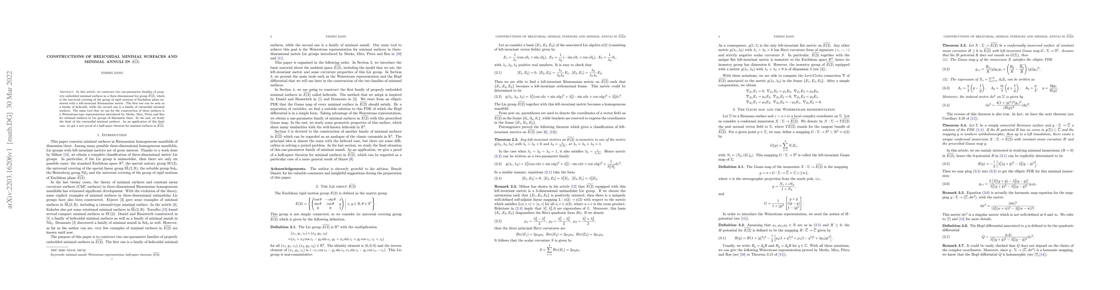 Thumbnail for Constructions of helicoidal minimal surfaces and minimal annuli in
  $\widetilde{E(2)}$