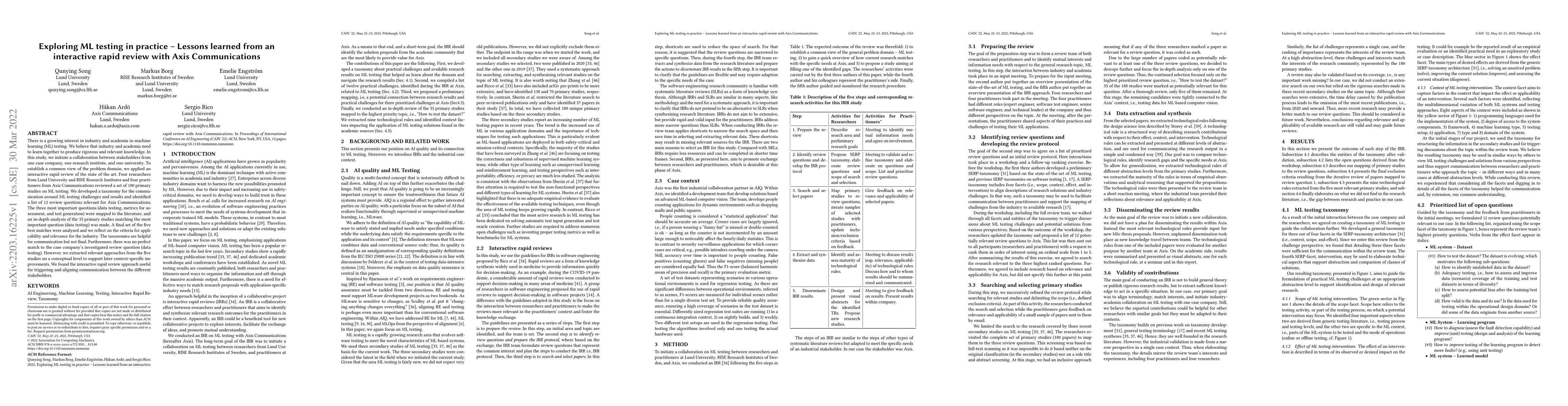 Thumbnail for Exploring ML testing in practice -- Lessons learned from an interactive
  rapid review with Axis Communications