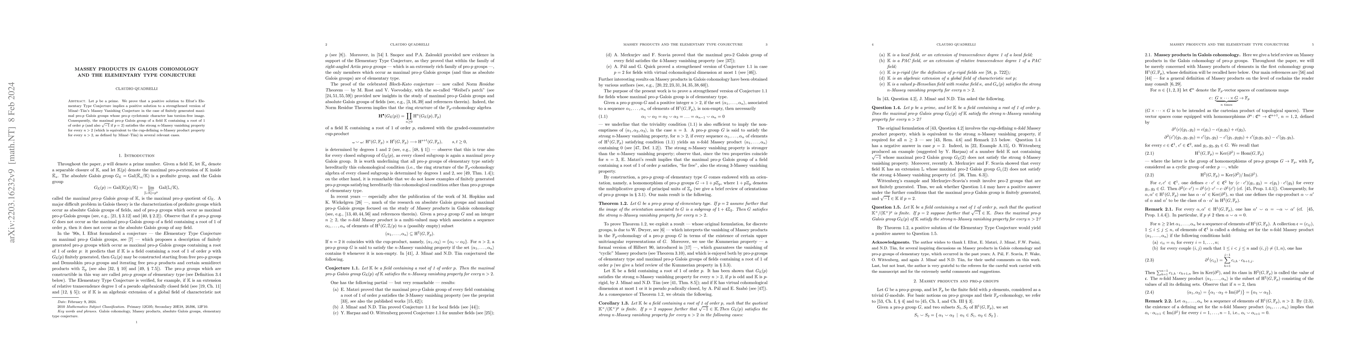 Thumbnail for Massey products in Galois cohomology and the Elementary Type Conjecture