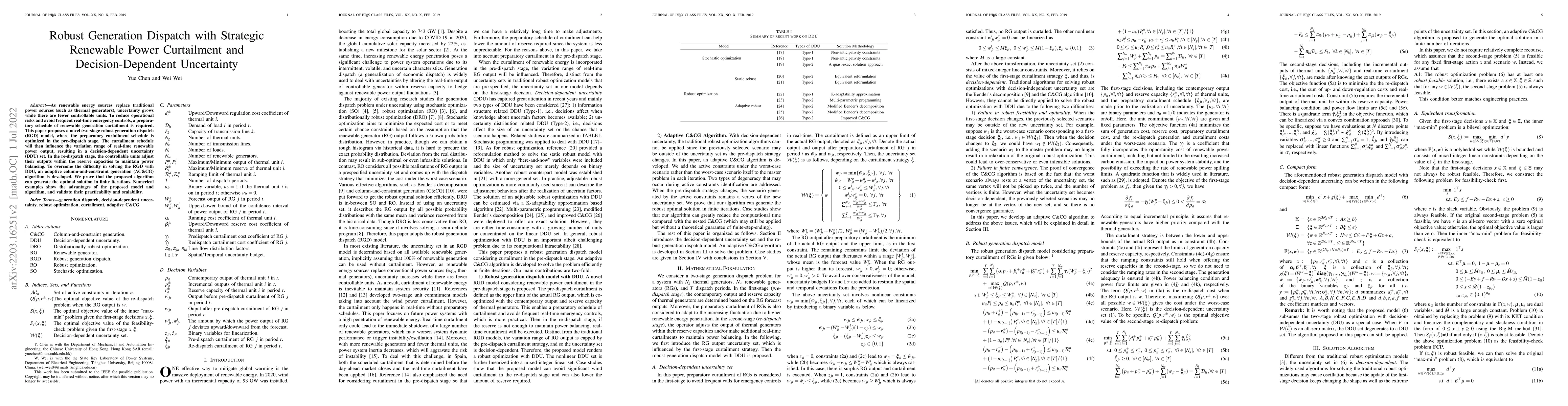 Thumbnail for Robust Generation Dispatch with Strategic Renewable Power Curtailment
  and Decision-Dependent Uncertainty