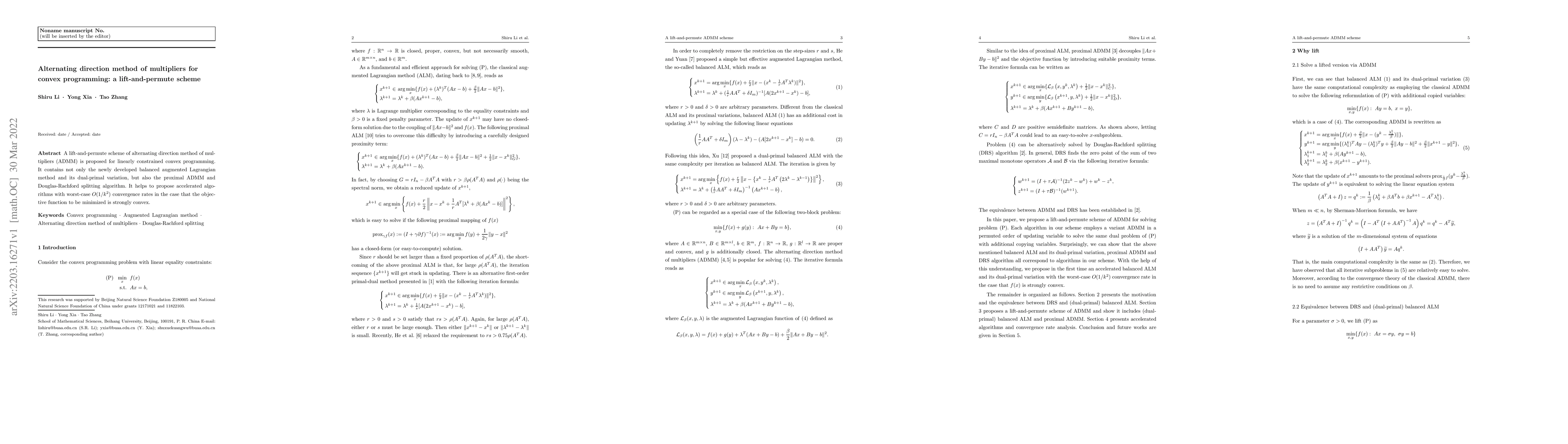 Thumbnail for Alternating direction method of multipliers for convex programming: a
  lift-and-permute scheme