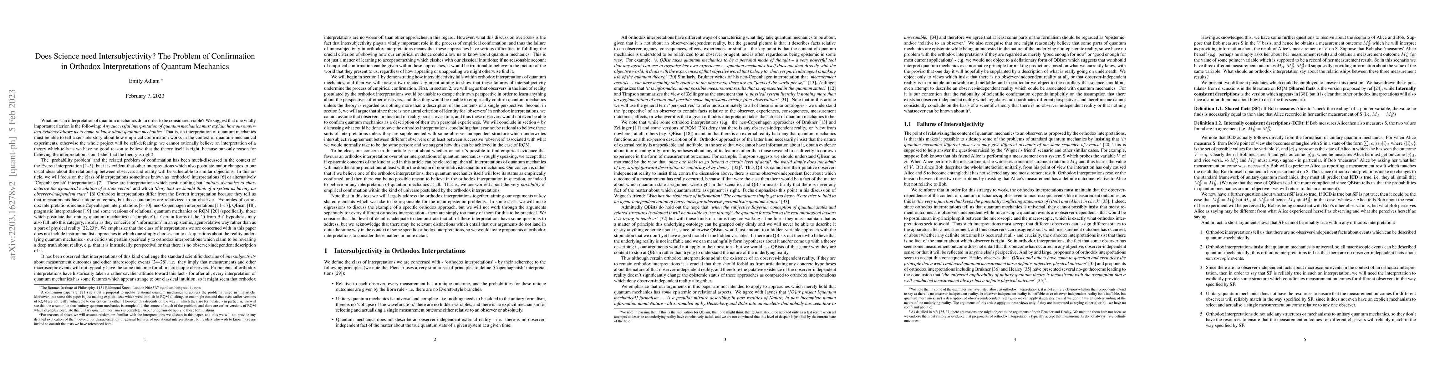 Thumbnail for Does Science need Intersubjectivity? The Problem of Confirmation in
  Orthodox Interpretations of Quantum Mechanics