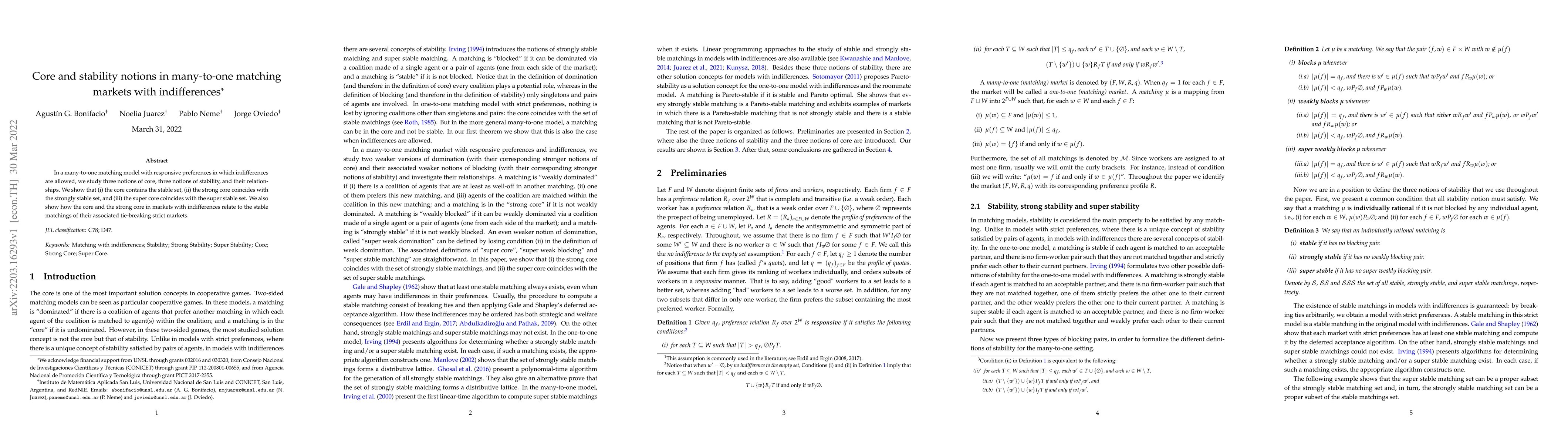 Thumbnail for Core and stability notions in many-to-one matching markets with
  indifferences