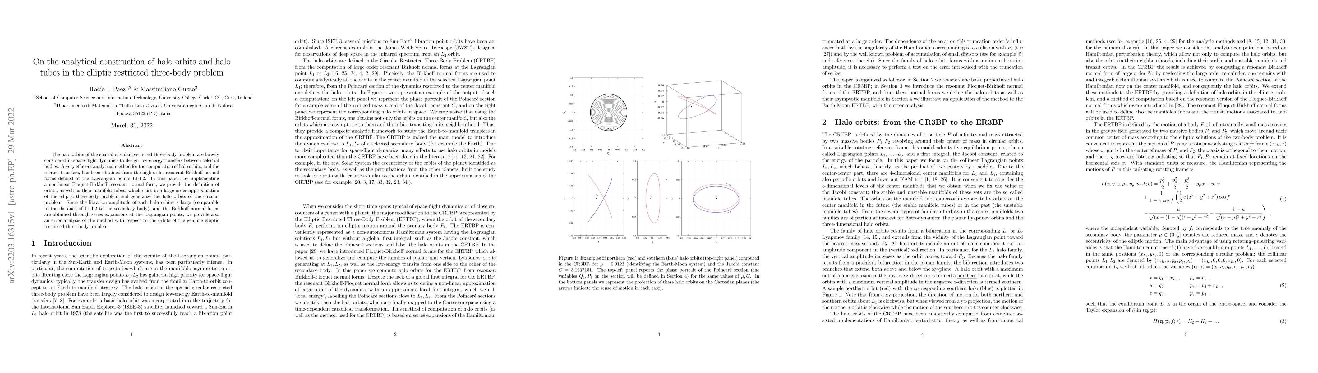 Thumbnail for On the analytical construction of halo orbits and halo tubes in the
  elliptic restricted three-body problem