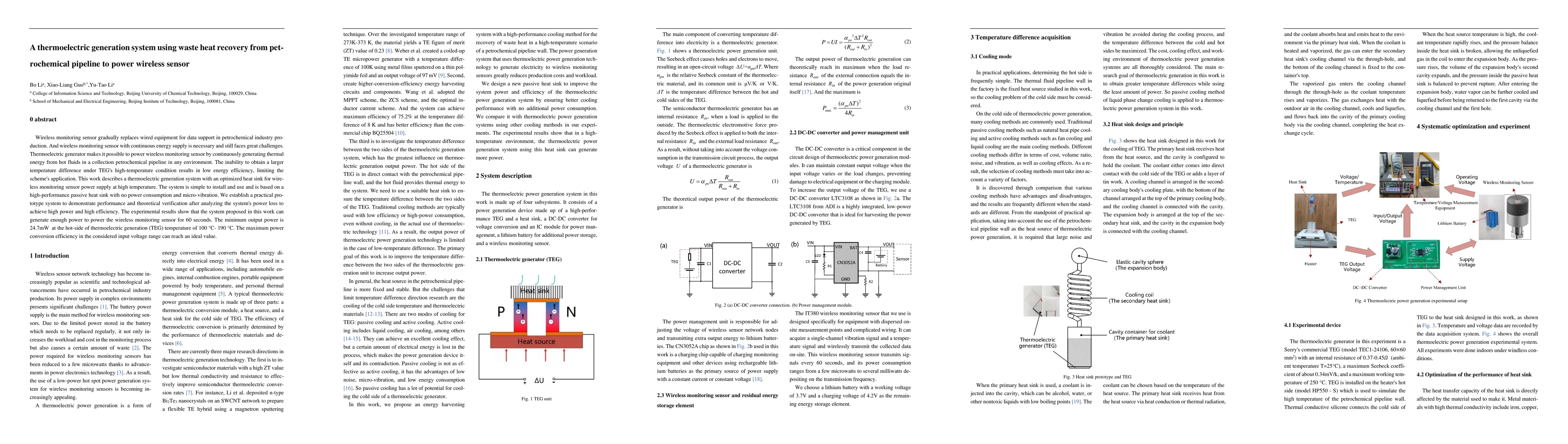 Thumbnail for A thermoelectric generation system using waste heat recovery from
  petrochemical pipeline to power wireless sensor