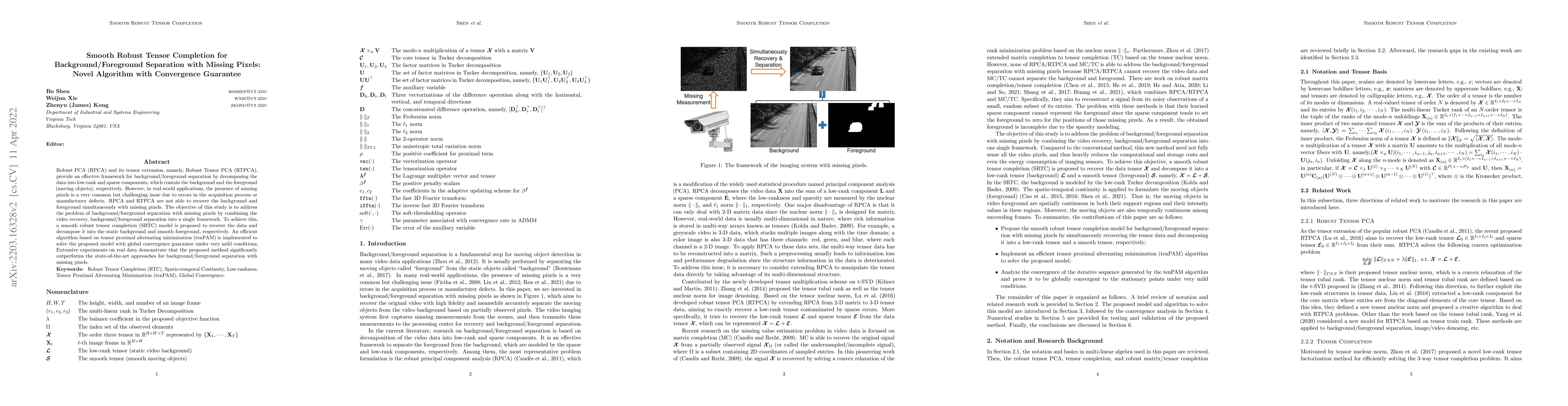 Thumbnail for Smooth Robust Tensor Completion for Background/Foreground Separation
  with Missing Pixels: Novel Algorithm with Convergence Guarantee