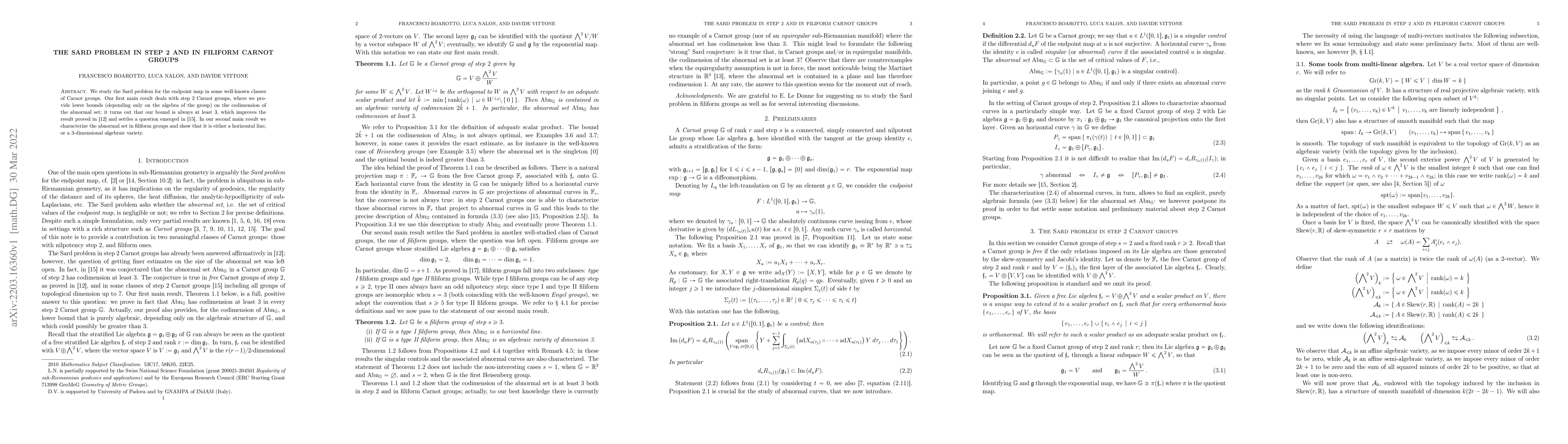 Thumbnail for The Sard problem in step 2 and in filiform Carnot groups