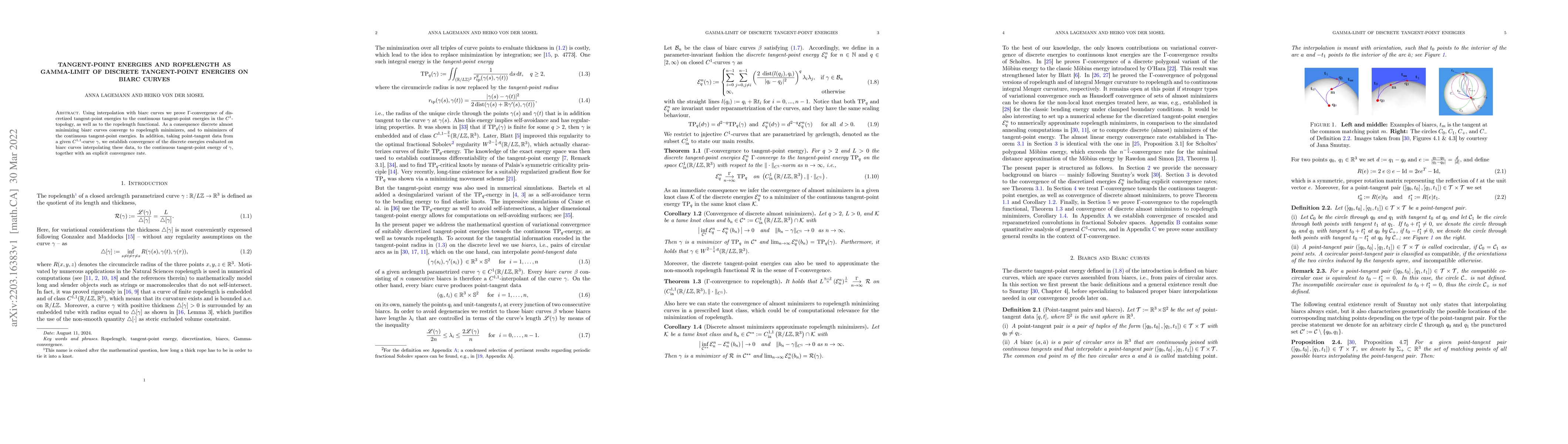 Thumbnail for Tangent-point energies and ropelength as Gamma-limit of discrete
  tangent-point energies on biarc curves