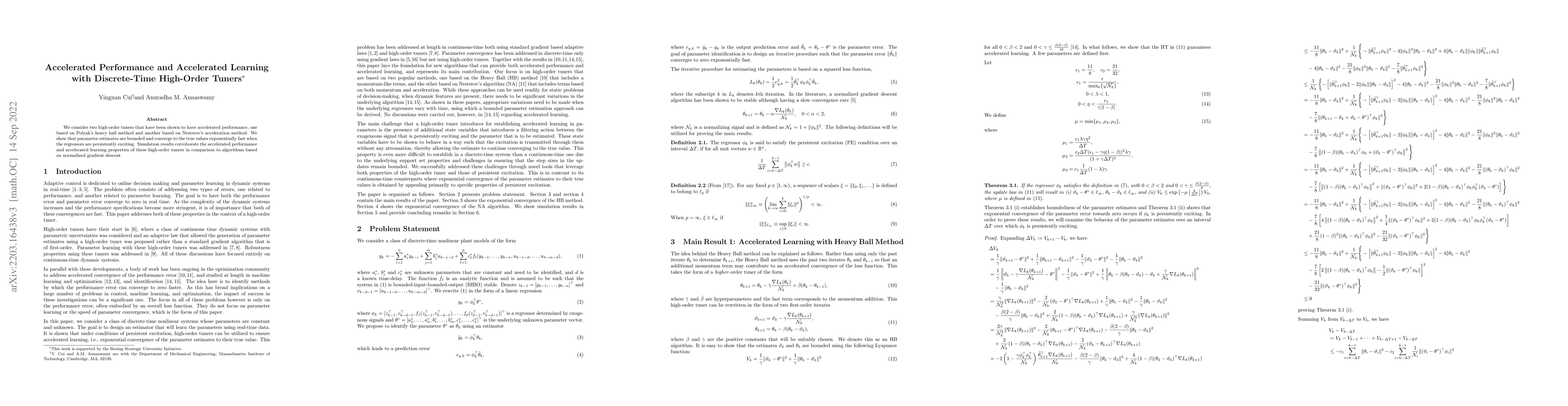Thumbnail for Accelerated Performance and Accelerated Learning with Discrete-Time
  High-Order Tuners