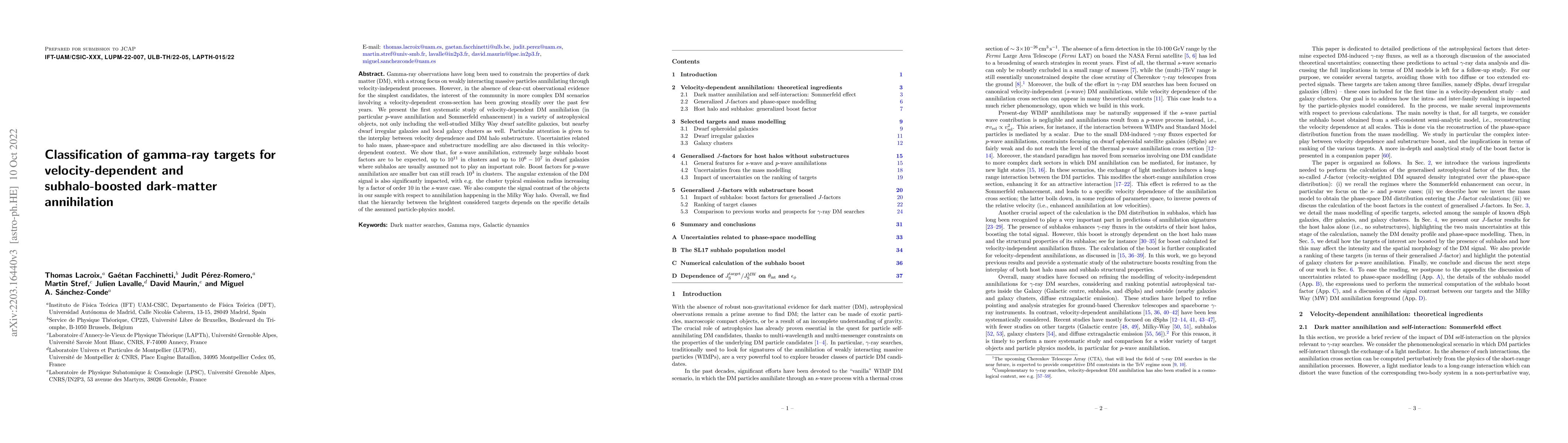 Thumbnail for Classification of gamma-ray targets for velocity-dependent and
  subhalo-boosted dark-matter annihilation
