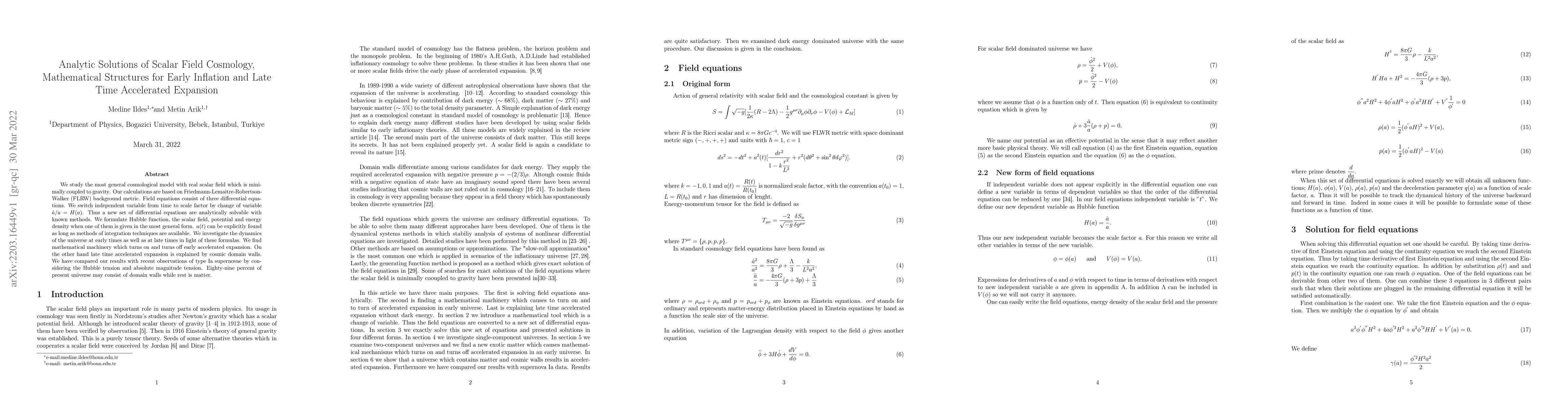 Thumbnail for Analytic Solutions of Scalar Field Cosmology, Mathematical Structures
  for Early Inflation and Late Time Accelerated Expansion