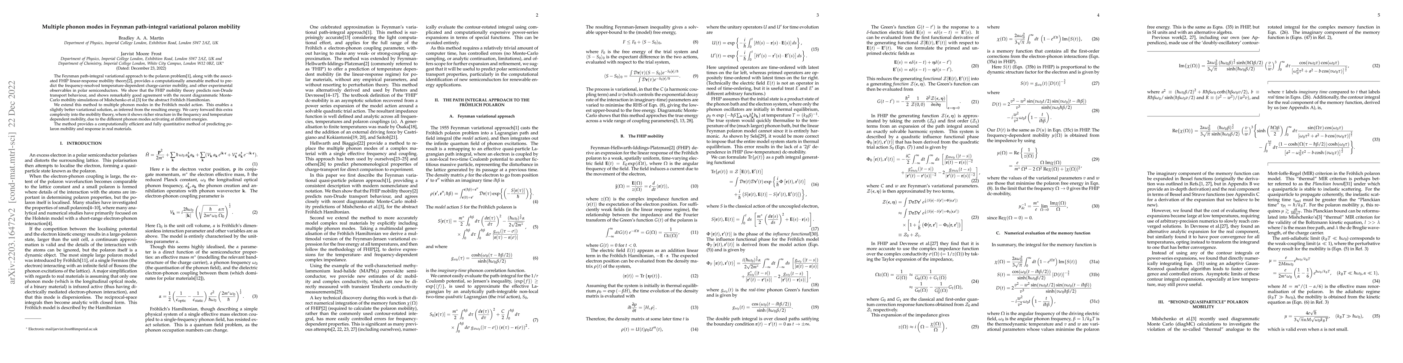 Thumbnail for Multiple phonon modes in Feynman path-integral variational polaron
  mobility