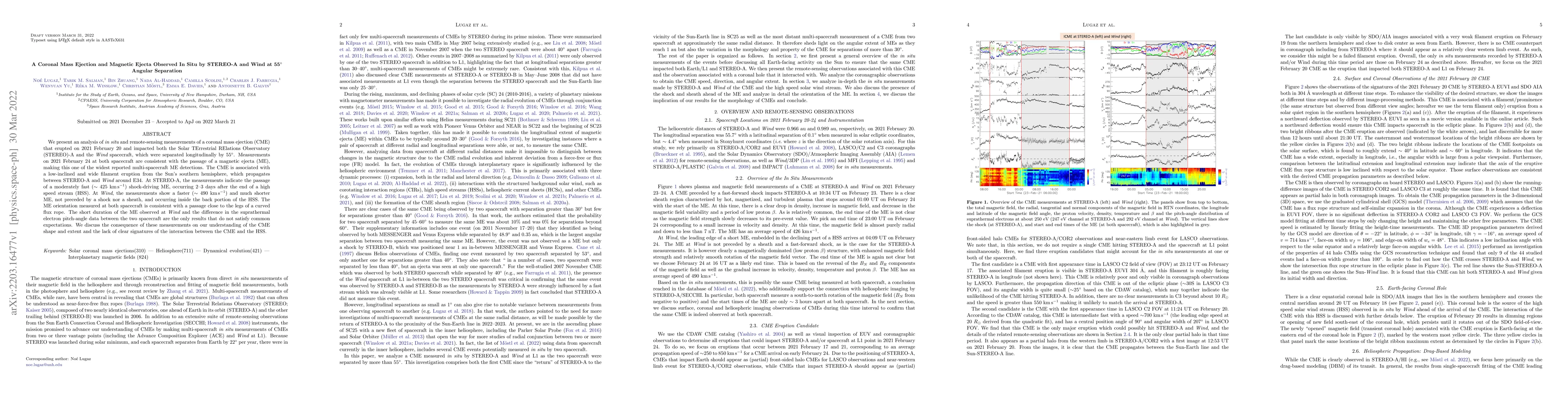 Thumbnail for A Coronal Mass Ejection and Magnetic Ejecta Observed In Situ by STEREO-A
  and Wind at 55$^\circ$ Angular Separation