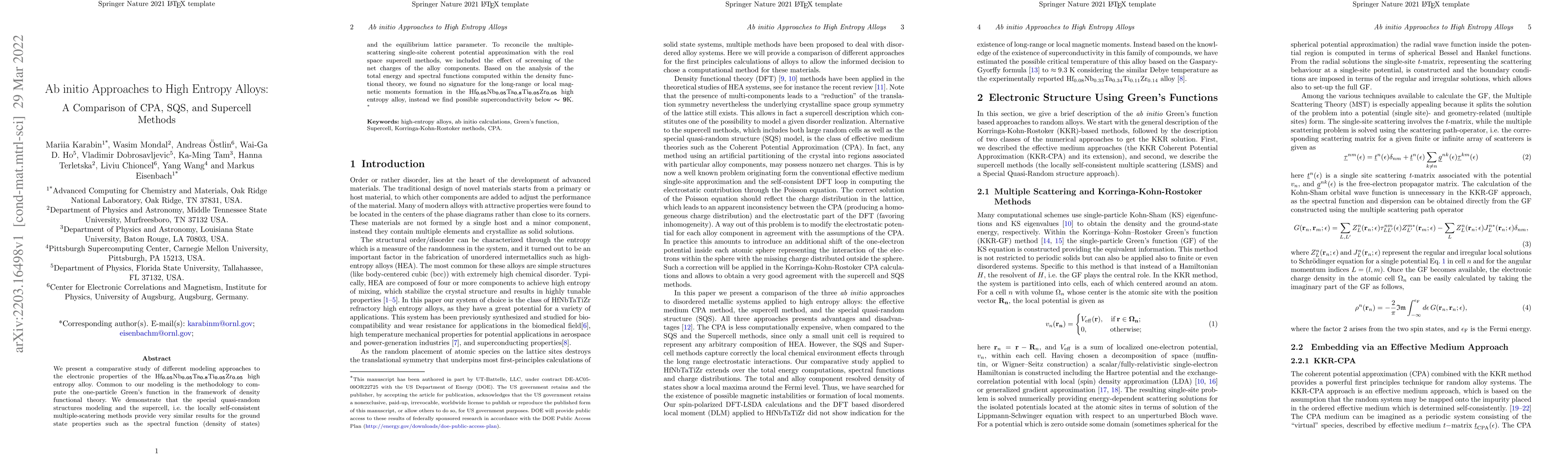 Thumbnail for Ab initio Approaches to High Entropy Alloys: A Comparison of CPA, SQS,
  and Supercell Methods