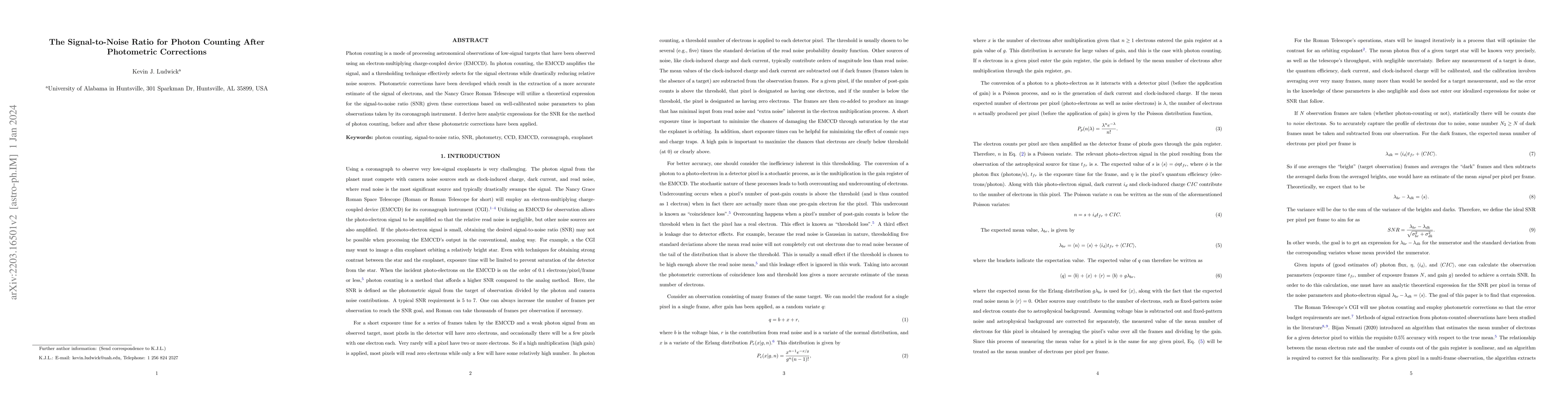 Thumbnail for The Signal-to-Noise Ratio for Photon Counting After Photometric
  Corrections