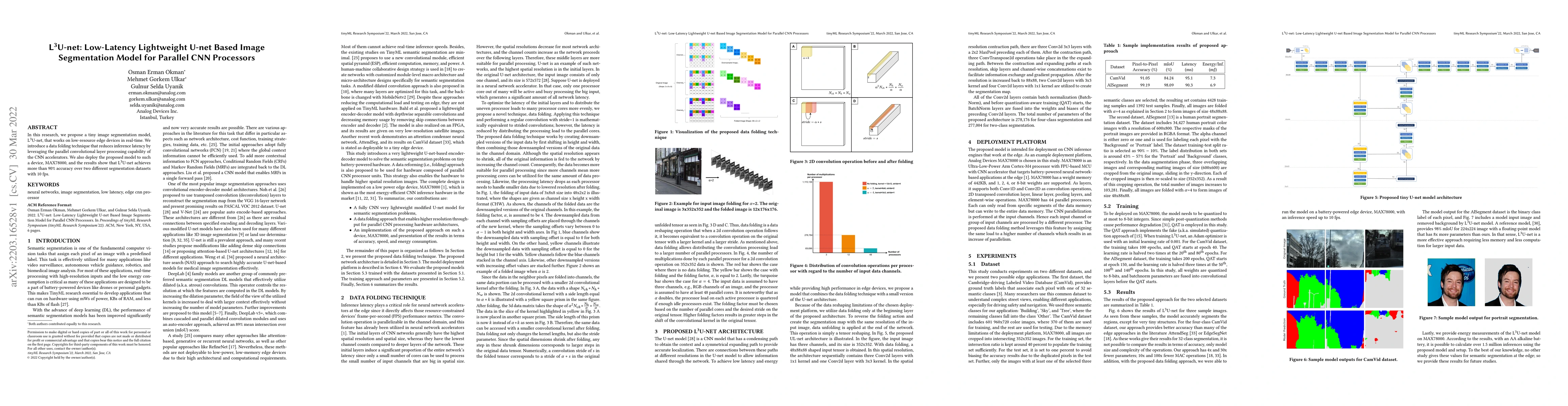 Thumbnail for L^3U-net: Low-Latency Lightweight U-net Based Image Segmentation Model
  for Parallel CNN Processors