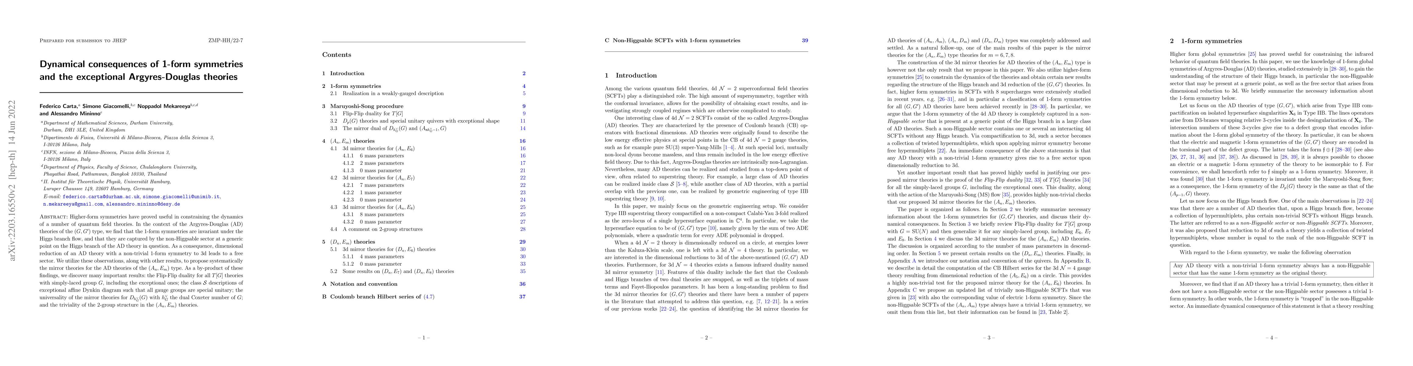 Thumbnail for Dynamical consequences of 1-form symmetries and the exceptional
  Argyres-Douglas theories