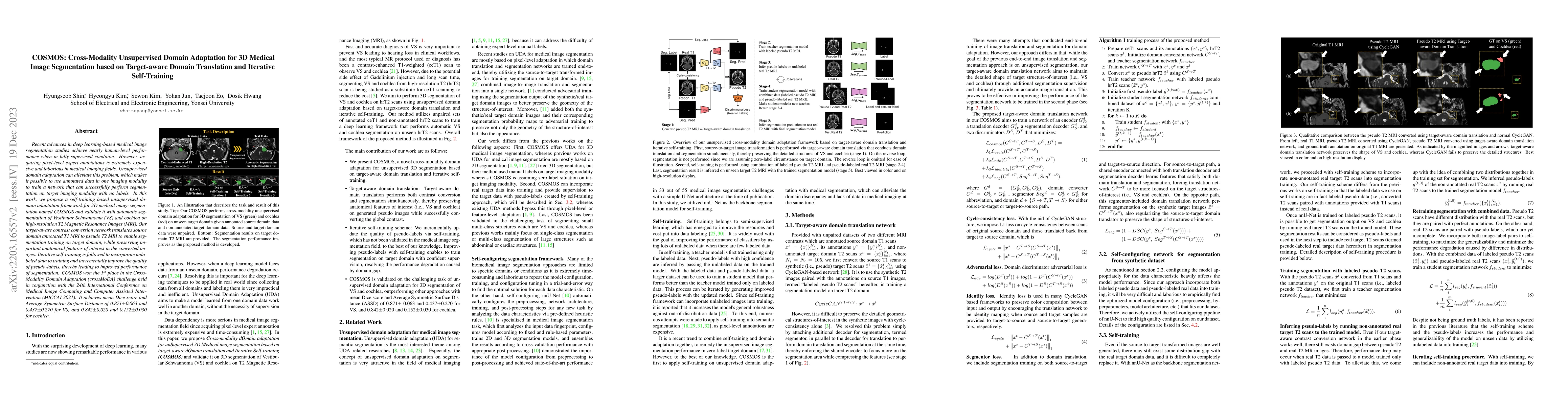 Thumbnail for COSMOS: Cross-Modality Unsupervised Domain Adaptation for 3D Medical
  Image Segmentation based on Target-aware Domain Translation and Iterative
  Self-Training