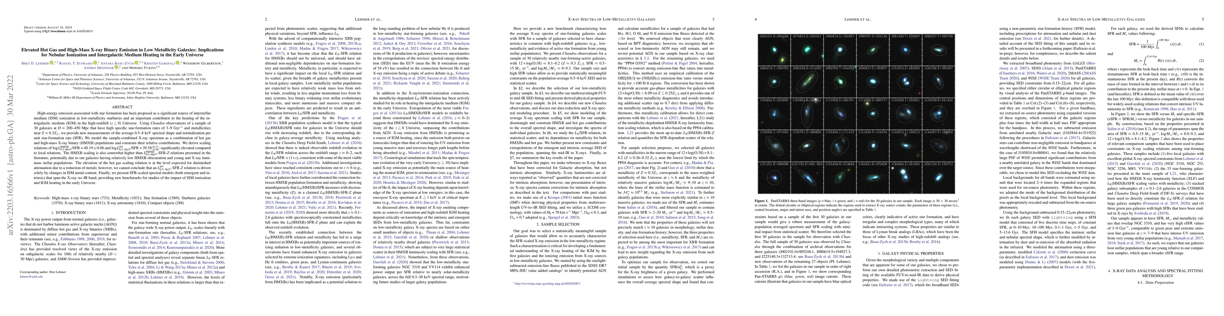 Thumbnail for Elevated Hot Gas and High-Mass X-ray Binary Emission in Low Metallicity
  Galaxies: Implications for Nebular Ionization and Intergalactic Medium
  Heating in the Early Universe