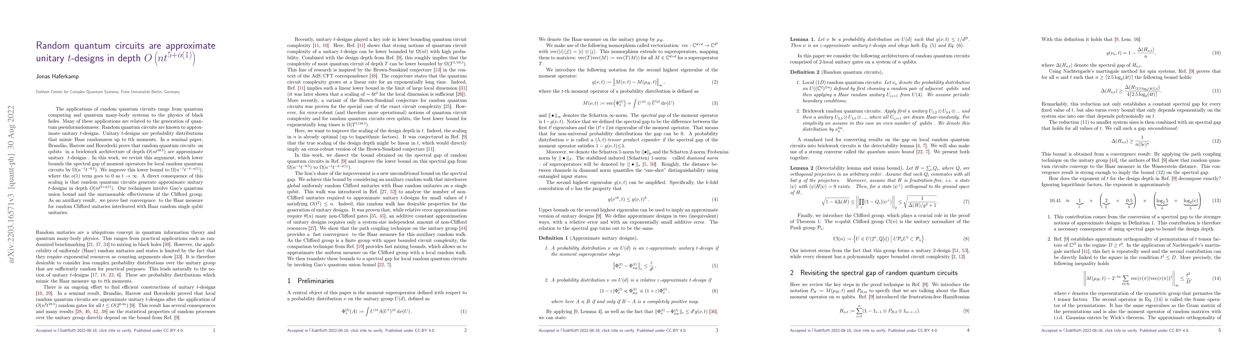 Thumbnail for Random quantum circuits are approximate unitary $t$-designs in depth
  $O\left(nt^{5+o(1)}\right)$