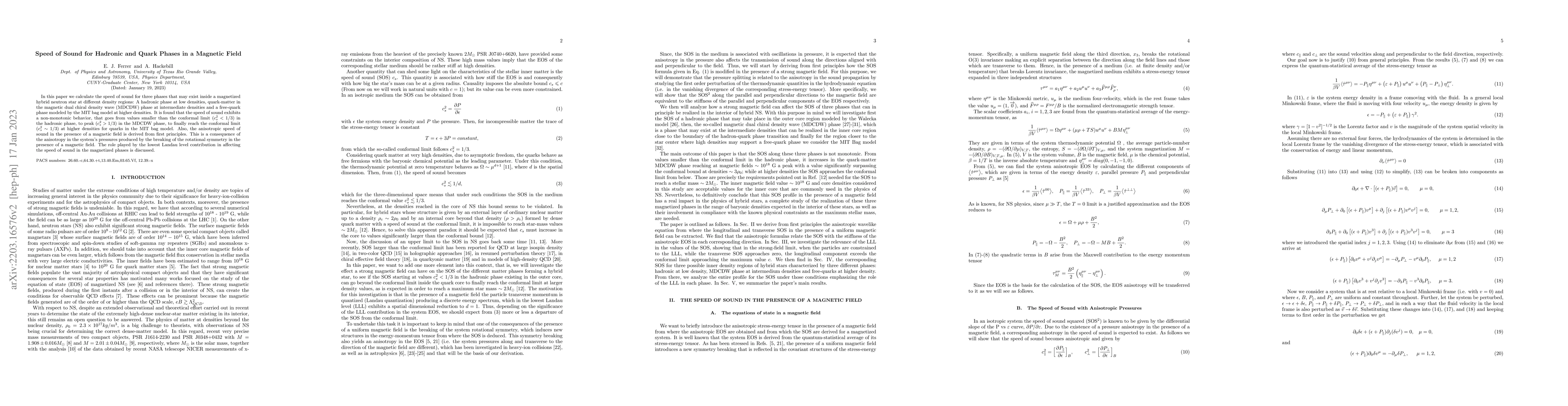 Thumbnail for Speed of Sound for Hadronic and Quark Phases in a Magnetic Field