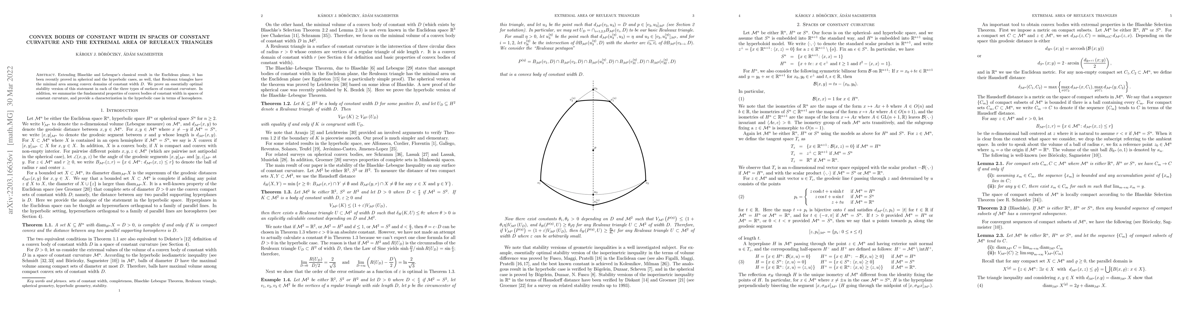Thumbnail for Convex bodies of constant width in spaces of constant curvature and the
  extremal area of Reuleaux triangles