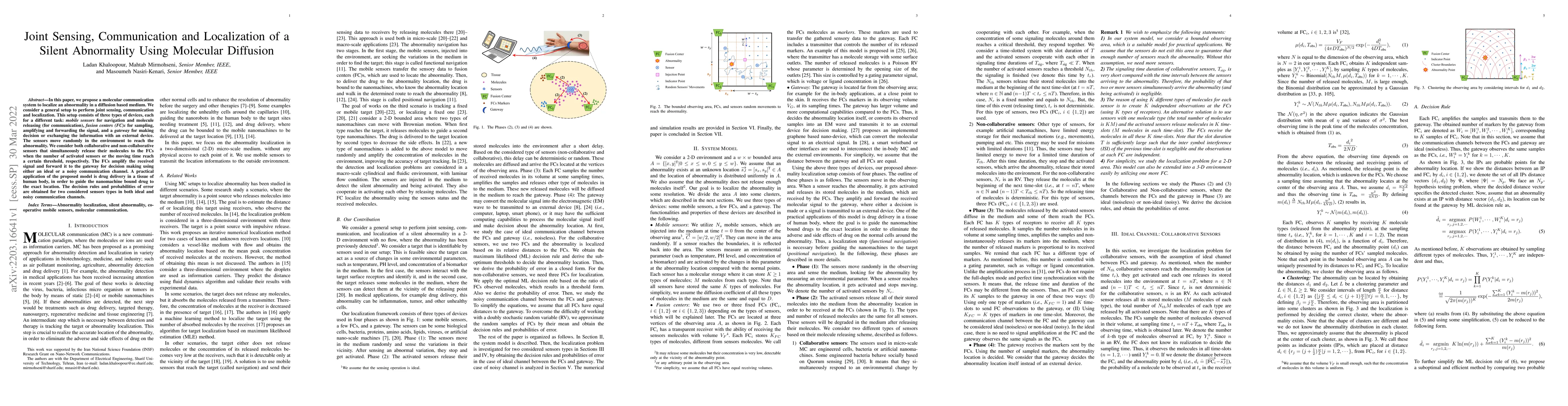Thumbnail for Joint Sensing, Communication and Localization of a Silent Abnormality
  Using Molecular Diffusion